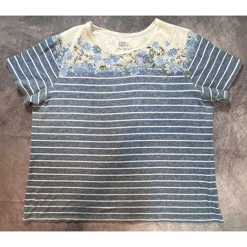 Croft & Barrow T-Shirt Womens 1X Blue White Floral Striped Cotton Short Sleeve